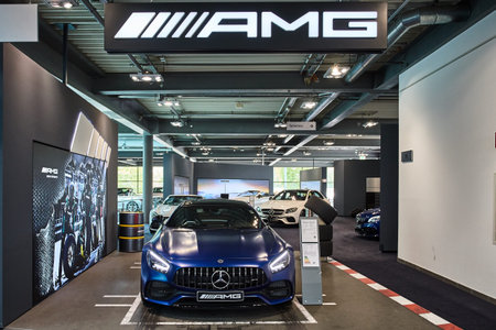 Germany, Dusseldorf July 17, 2019: The new modern Mercedes-Benz AMG GT C in the  Mercedes-Benz...