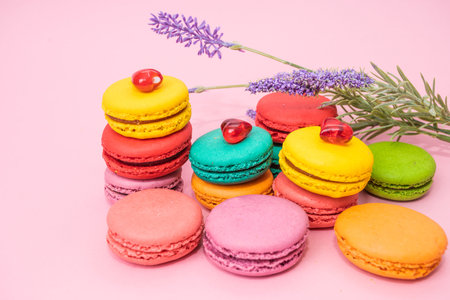 french macaron cakes composition with lavender flowersの写真素材