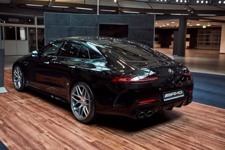 Germany, Dusseldorf July 17, 2019: The new modern Mercedes-Benz AMG GT 53 4MATIC+ in the ...