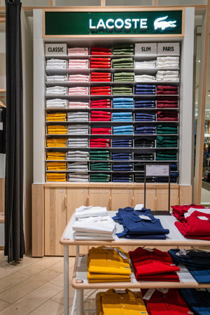 DUSSELDORF, GERMANY - 19 OCTOBER, 2019: Interior shot of Lacoste store in Breuninger luxury shopping...