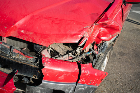 Front of red car get damaged by accident on the road