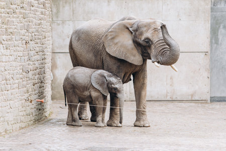 Baby elephant near big mother in zooの写真素材