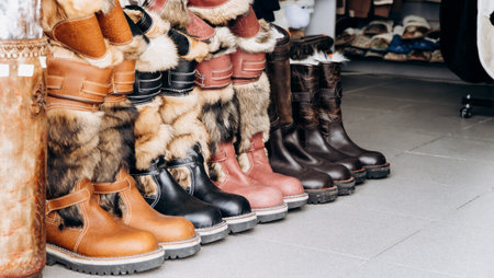 Warm boots on the counter of the store