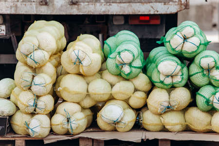 Fresh white cabbage in nets on sale. Cabbage at the fair in nets. Sale of cabbage near the car.の写真素材