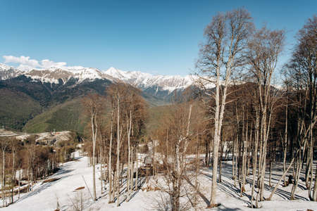 Mountain view in winter. Beautiful mountain landscapeの写真素材