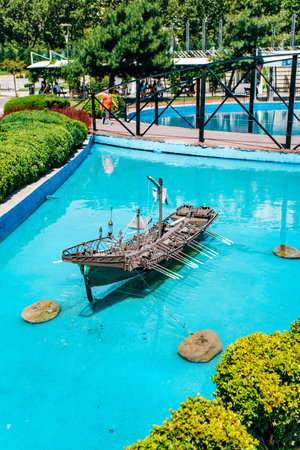 Istanbul, Turkey-July 12, 2017: exact copy of the Ertugrul Frigate in miniaturk Park in reduced form