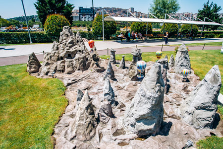 Istanbul, Turkey - July 12, 2017: the reduced copy of the Land of Beautiful Horses - Fairy Chimneys at Miniaturk Parkのeditorial素材