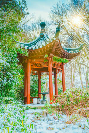 Pavilion with snow in Winter Seasonの写真素材