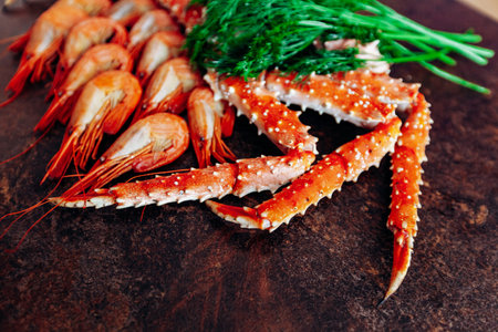 On the table are shrimp, crab, lemon and herbs. Table of reddish color.