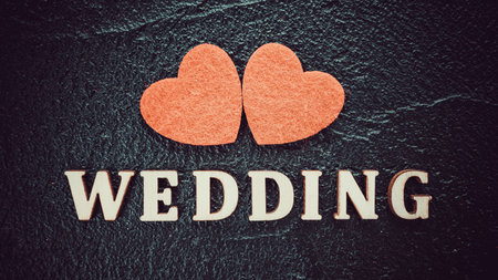 Red Hearts On A Black Board. Creative wedding concept