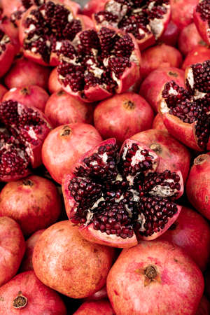 Cracked pomegranate. Ripe pomegranate close-upの写真素材