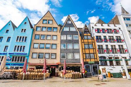 COLOGNE, GERMANY - April 17 2021: Old buildings on the Rhine embankment in Cologne, Germanyのeditorial素材