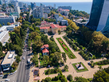 The modern Russian resort of Sochi on the Black Sea. Sochi aerial panoramic viewの写真素材