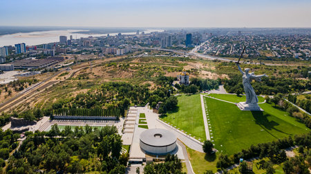 Russia, Volgograd - August 27, 2021: Sculpture Motherland Calls - compositional center of monument-ensemble to Heroes of Battle of Stalingrad on Mamayev Kurganのeditorial素材