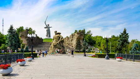 Russia, Volgograd - August 27, 2021: Sculpture Motherland Calls - compositional center of monument-ensemble to Heroes of Battle of Stalingrad on Mamayev Kurganのeditorial素材