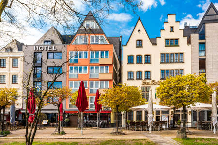 COLOGNE, GERMANY - April 17 2021: Old buildings on the Rhine embankment in Cologne, Germanyのeditorial素材