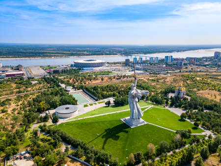 Russia, Volgograd - August 27, 2021: Sculpture Motherland Calls - compositional center of monument-ensemble to Heroes of Battle of Stalingrad on Mamayev Kurganのeditorial素材