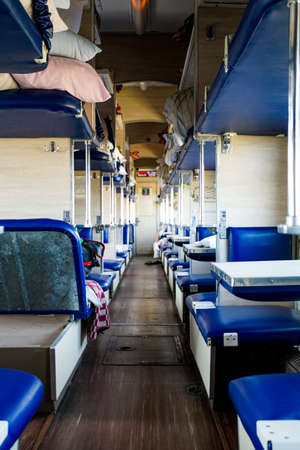 Interior of a typical russian long-distance RZD train with beds for sleepingの写真素材