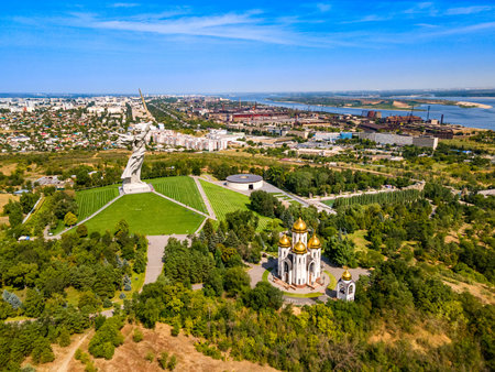 Volgograd, Russia. Aerial view of the statue "The Motherland calls" after restoration on the top of The Mamaev Hillの写真素材