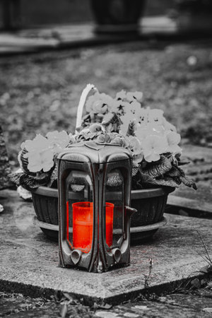 memorial candles light on graveの写真素材