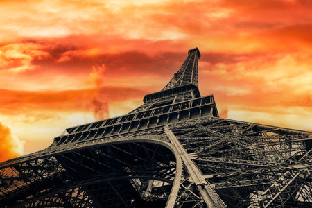 View of Eiffel Tower on sunset sky backgroundの写真素材