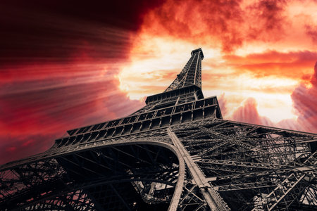 View of Eiffel Tower on sunset sky backgroundの写真素材