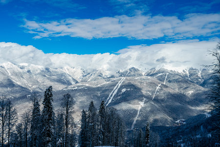 Panorama of snowy mountains. Caucasus mountains