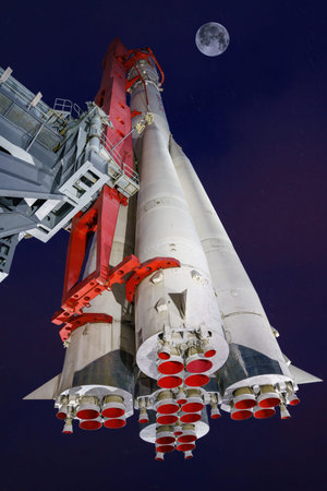 Soviet Space Launch Vehicle Vostock In Vdnkh Exhibition. Space rocket in VDNH park in Moscow, Russia