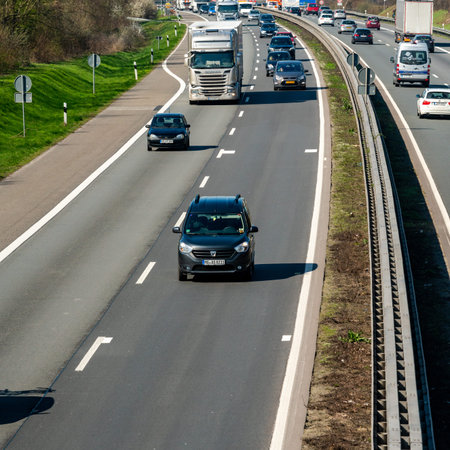 DUSSELDORF ,GERMANY - March 22, 2019: Traffic on the highway. traffic with cars and trucks