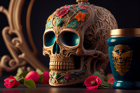 Decorated colorful skull.  Day of dead, Mexico.  Generative AIの素材