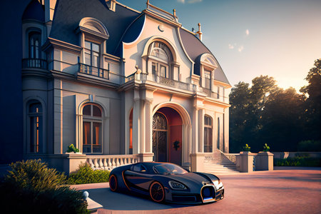 Extravagant Wealthy Car in Front of Luxury Villa. Generative AIの素材
