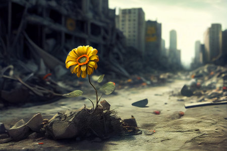 Magical Blooms in the Shadow of Urban Chaos.  Enchanting Blossoms in the Ashes of Urban Decay.  Generative AIの素材