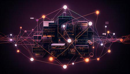 A graphical representation of a connected IoT network, with various nodes, devices, and connections.  Generative AIの素材