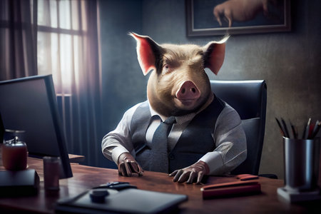 Professional Pig in Corporate Clothing in an Office.  Executive Porcine Employer in Professional Attire in the Workplace. Generative AIの素材