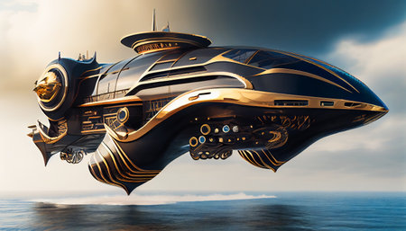 Advanced Luxury Yacht Model in the Air.  Magnificent Flying Yacht Prototype. Generative AI.の素材