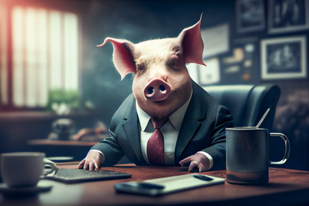 Professional Pig in Corporate Clothing in an Office.  Executive Porcine Employer in Professional Attire in the Workplace. Generative AIの素材