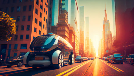 Driverless car navigating through a city street, illustrating the future of urban transport.  Generative AIの素材