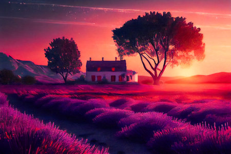 Beautiful lavender field at sunset.  Generative AIの素材