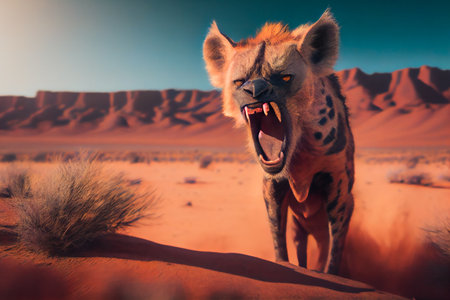 Furious Wild Hyenas in Desert. Generative AIの素材