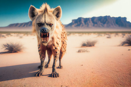 Furious Wild Hyenas in Desert. Generative AIの素材