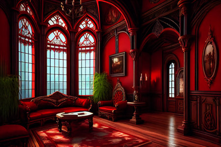 Elegant Gothic Exclusive Room with Red and Black Color Scheme and Beautiful Woodwork. Generative AIの素材