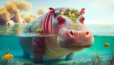 Stunning Tropical Surreal Hippo. Generative AIの素材