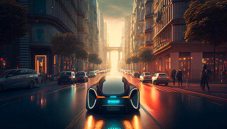 Driverless car navigating through a city street, illustrating the future of urban transport.  Generative AIの素材