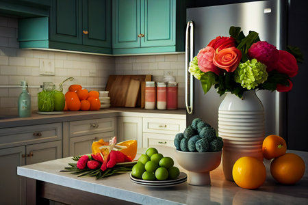 Home Kitchen Interior with Cooking Utensils. Generative AIの素材