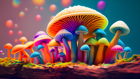 Magical Mushroom Garden with Vibrant Hues.  Hallucinogenic Fungi. Generative AIの素材