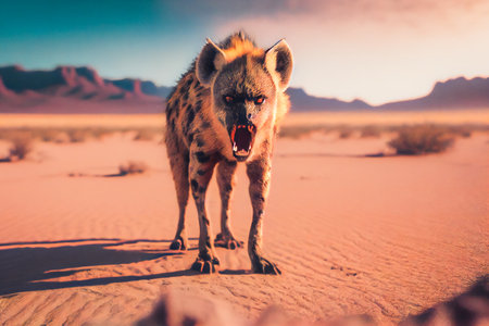 Furious Wild Hyenas in Desert. Generative AIの素材