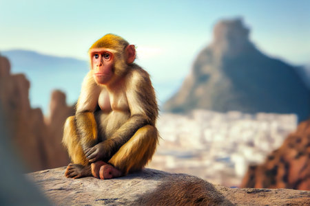 Monkey Contemplating the Splendid Mountain Landscape. Generative AIの素材