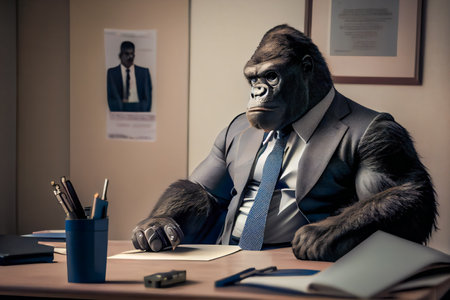 Smart Gorilla at the Office.  Worker Gorilla in Suit. Generative AIの素材