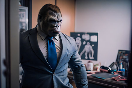 Smart Gorilla at the Office.  Worker Gorilla in Suit. Generative AIの素材