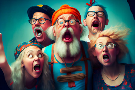 Bedlam of Wacky Individuals.  Psychotic Assembly of Wild Humans.  Crazy Peoples Cartoon Style: Generative AIの素材